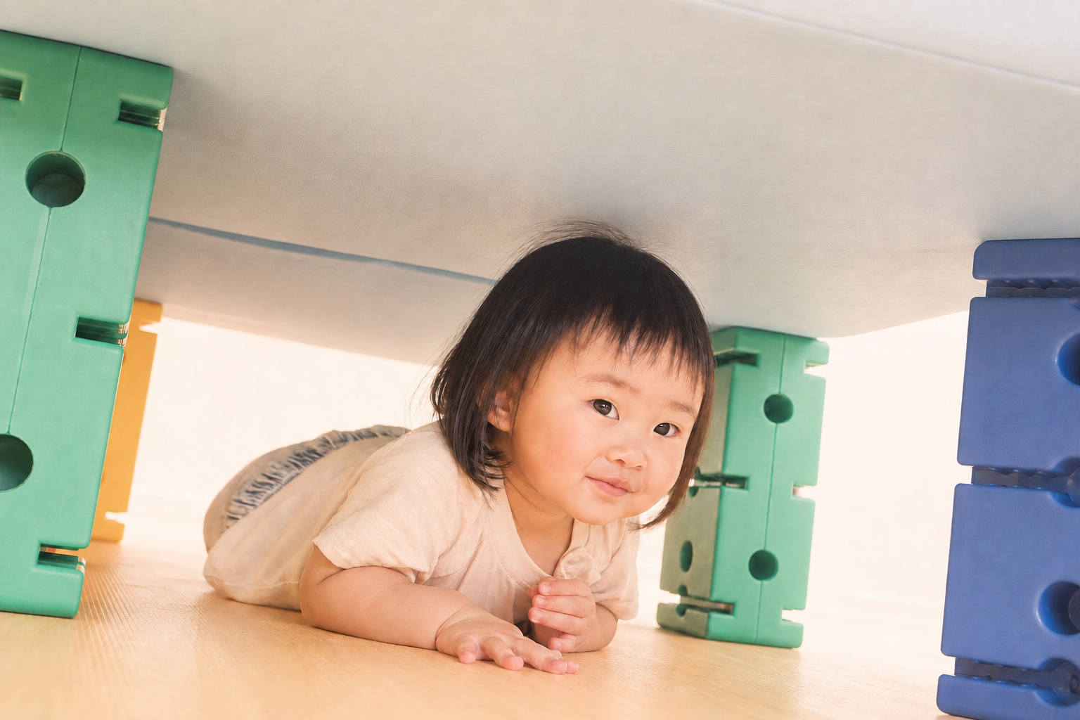 孩子在綠色與藍色教具間趴行探索