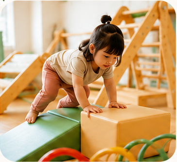 孩子在感統教室進行攀爬挑戰
